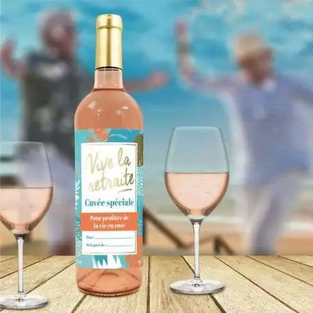 Bouteille de Vin Rosé humoristique Vive la Retraite personnalisable