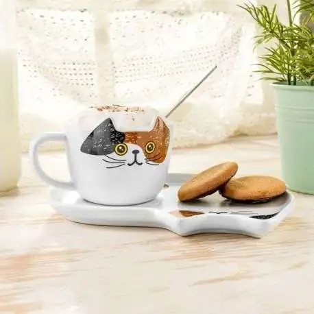 Set Tasse & Assiette Chat: Mug Original avec Cuillère Assortie